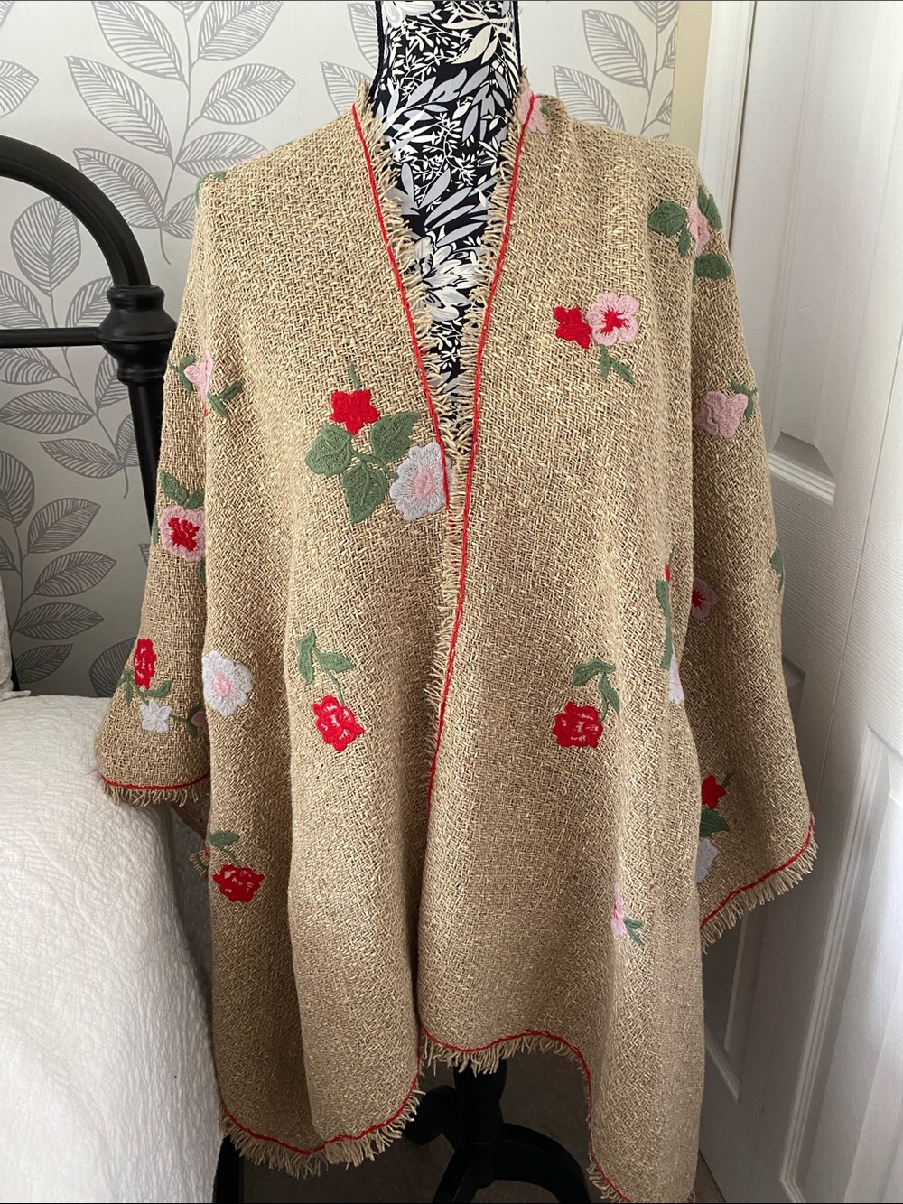 Natural Floral Embroidered Poncho/Cape luxury Italian artisan Ermanno Gallamini